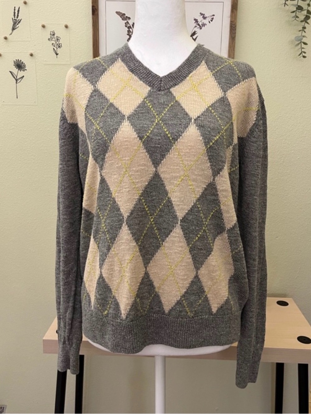 Uniqlo x Ines de la Fressange Argyle V-Neck Sweater French Preppy Linen Blend M